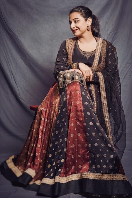 RI.Ritu Kumar Black Embroidered Anarkali Set With Cropped Jacket 