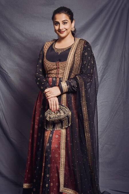 RI.Ritu Kumar_Black Embroidered Anarkali Set With Cropped Jacket_Online_at_Aza_Fashions