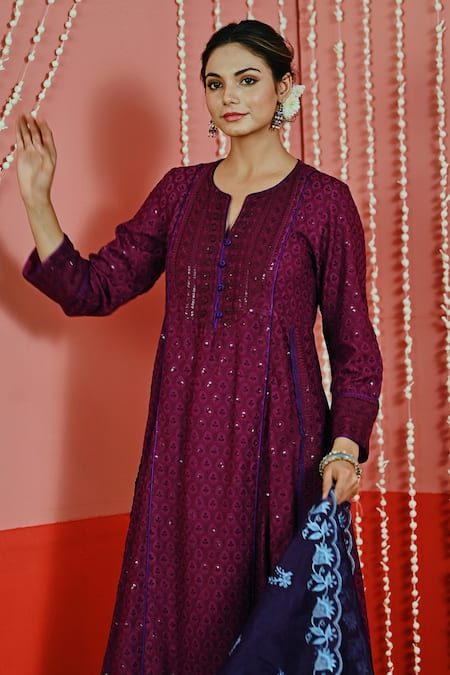 Shop Myaara Purple Cotton, Organza Embroidery, Sequins Collared Kurta Set Online at Aza Fashions Shop_Myaara_Purple Cotton, Organza Embroidery, Sequins Collared Kurta Set _Online_at_Aza_Fashions