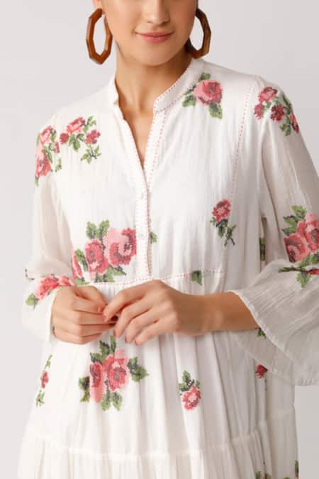 Shop_Umbar_White Cotton Crepe Mandarin Collar Embroidered Dress_Online_at_Aza_Fashions