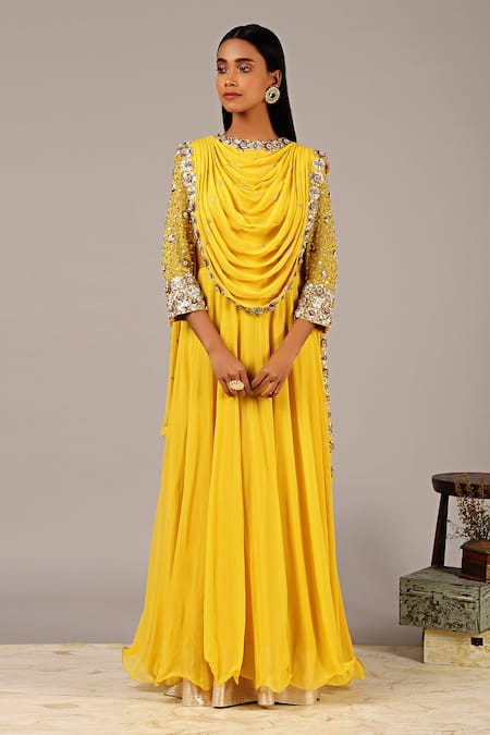 Buy Women Yellow Waist Embroidered Anarkali Dress Online At Best Price -  Sassafras.in