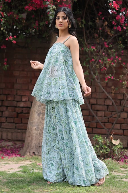 Buy House Of Tushaom Green Georgette Printed Tropical Square Neck Top And Sharara Set Online at Aza Fashions Buy_House Of Tushaom_Green Georgette Printed Tropical Square Neck Top And Sharara Set _Online_at_Aza_Fashions