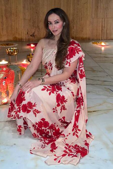 Shop_Palak & Mehak_Beige Chanderi, Georgette Chevron Square Neck Pre-draped Ruffle Saree Set 