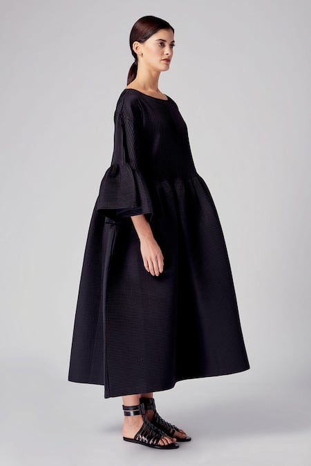 Rajesh Pratap Singh_Black Cotton Boat Neck Hamira Dress _Online_at_Aza_Fashions