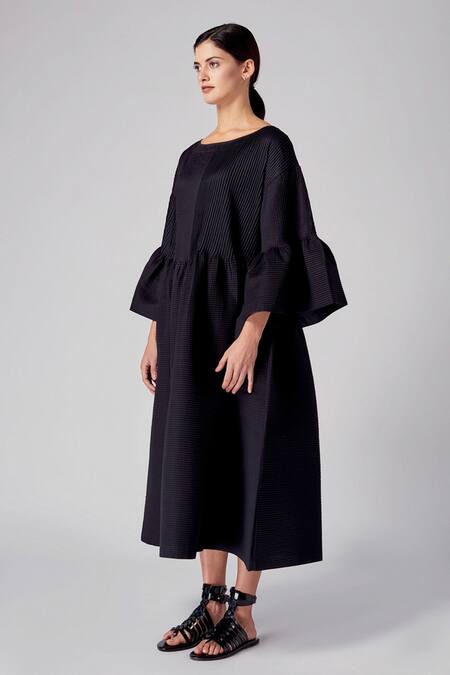 Shop_Rajesh Pratap Singh_Black Cotton Boat Neck Hamira Dress _Online_at_Aza_Fashions