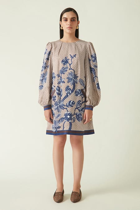 Payal Pratap Blue Linen Satin Printed Floral Round Aninda Dress Online at Aza Fashions Payal Pratap_Blue Linen Satin Printed Floral Round Aninda Dress _Online_at_Aza_Fashions