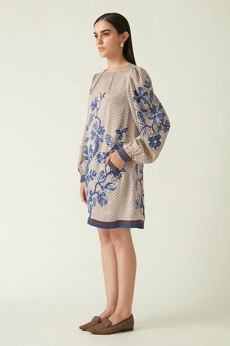 Buy Payal Pratap Blue Linen Satin Printed Floral Round Aninda Dress Online at Aza Fashions Buy_Payal Pratap_Blue Linen Satin Printed Floral Round Aninda Dress _Online_at_Aza_Fashions