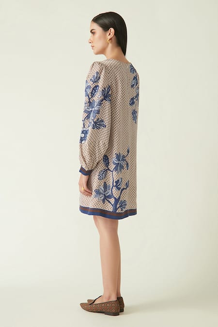 Shop Payal Pratap Blue Linen Satin Printed Floral Round Aninda Dress Online at Aza Fashions Shop_Payal Pratap_Blue Linen Satin Printed Floral Round Aninda Dress _Online_at_Aza_Fashions