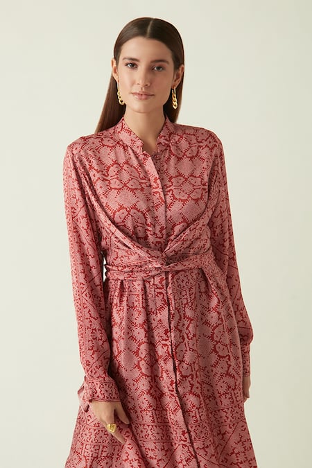 Buy Payal Pratap Red Modal Satin Printed Batik Mandarin Collar Ubud Geometric Dress Online at Aza Fashions Buy_Payal Pratap_Red Modal Satin Printed Batik Mandarin Collar Ubud Geometric Dress _Online_at_Aza_Fashions