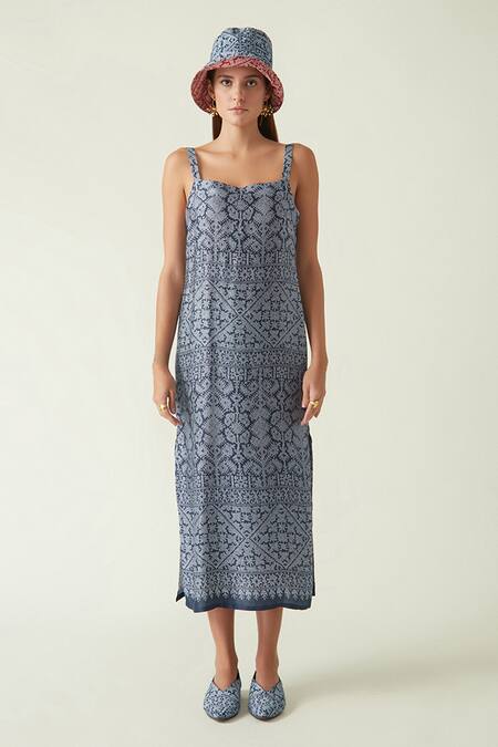 Payal Pratap_Blue Modal Satin Batik Square Neck Singkep Print Dress _Online_at_Aza_Fashions