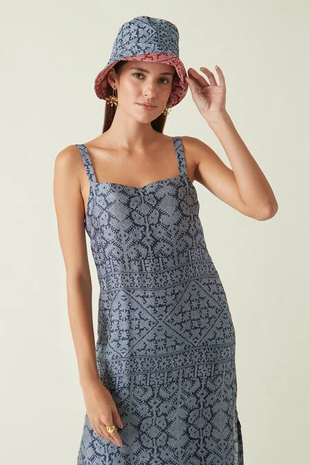 Shop_Payal Pratap_Blue Modal Satin Batik Square Neck Singkep Print Dress _Online_at_Aza_Fashions