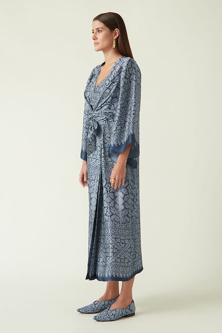 Payal Pratap Blue Modal Satin Printed Batik V Neck Morotai Dress Online at Aza Fashions Payal Pratap_Blue Modal Satin Printed Batik V Neck Morotai Dress _Online_at_Aza_Fashions