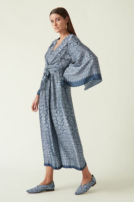 Buy Payal Pratap Blue Modal Satin Printed Batik V Neck Morotai Dress Online at Aza Fashions Buy_Payal Pratap_Blue Modal Satin Printed Batik V Neck Morotai Dress _Online_at_Aza_Fashions