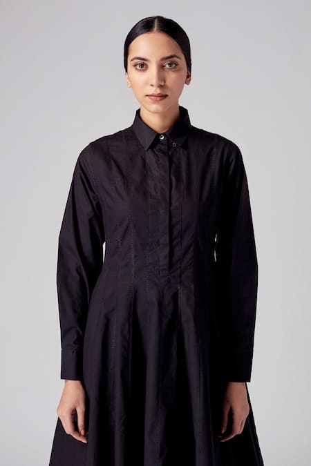 Shop_Rajesh Pratap Singh_Black Cotton Shirt Collar Agasi Dress _Online_at_Aza_Fashions