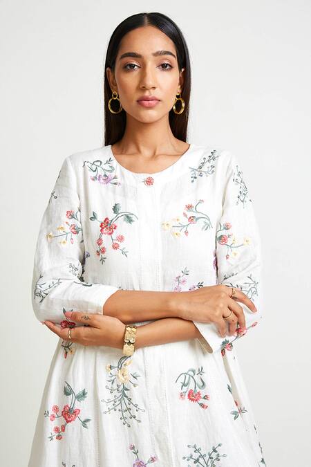 Shop_Payal Pratap_White Linen Embroidery Round Printed Dress  _Online_at_Aza_Fashions