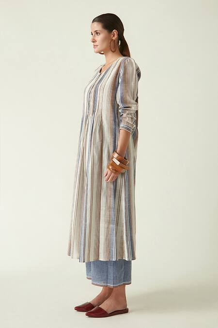 Payal Pratap_Brown Cotton Handloom Round Keith Striped Tunic _Online_at_Aza_Fashions