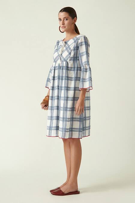 Payal Pratap_White Cotton Silk Checks Round Willie Dress _Online_at_Aza_Fashions