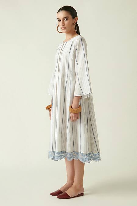 Payal Pratap_White Cotton Silk Handloom Stripes Round Winter Box Pleat Dress _Online_at_Aza_Fashions