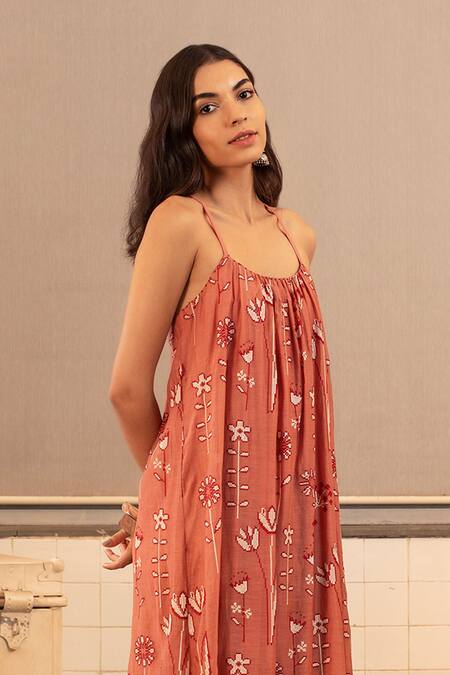 Payal Pratap_Peach Cotton Silk Scoop Neck Embroidered Maxi Dress _Online_at_Aza_Fashions