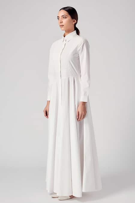 Buy_Rajesh Pratap Singh_White Cotton Shirt Collar Salara Dress _Online_at_Aza_Fashions
