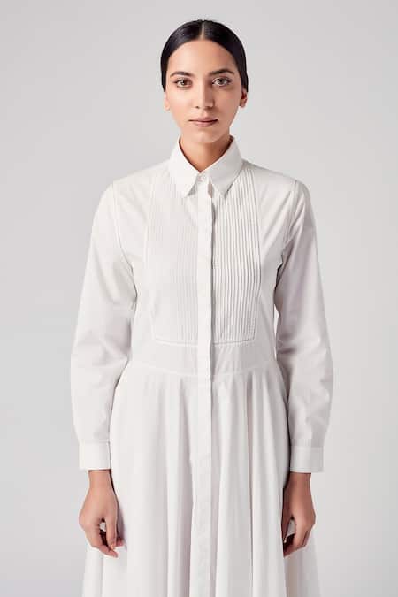 Shop_Rajesh Pratap Singh_White Cotton Shirt Collar Salara Dress _Online_at_Aza_Fashions
