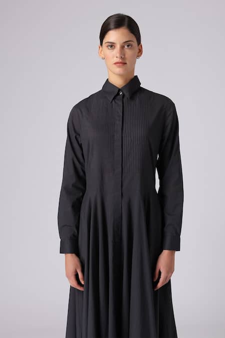 Shop_Rajesh Pratap Singh_Black Cotton Shirt Collar Salara Dress _Online_at_Aza_Fashions