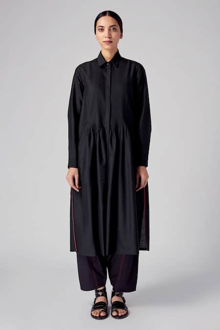 Rajesh Pratap Singh Black Viscose Kataan Plain Shirt Collar Vira Pintuck Dress 