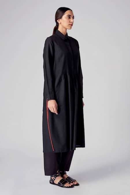 Rajesh Pratap Singh_Black Viscose Kataan Shirt Collar Vira Pintuck Dress _Online_at_Aza_Fashions