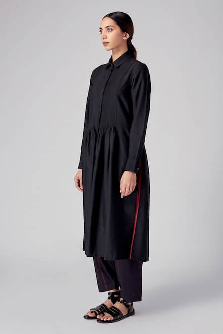 Buy_Rajesh Pratap Singh_Black Viscose Kataan Shirt Collar Vira Pintuck Dress _Online_at_Aza_Fashions