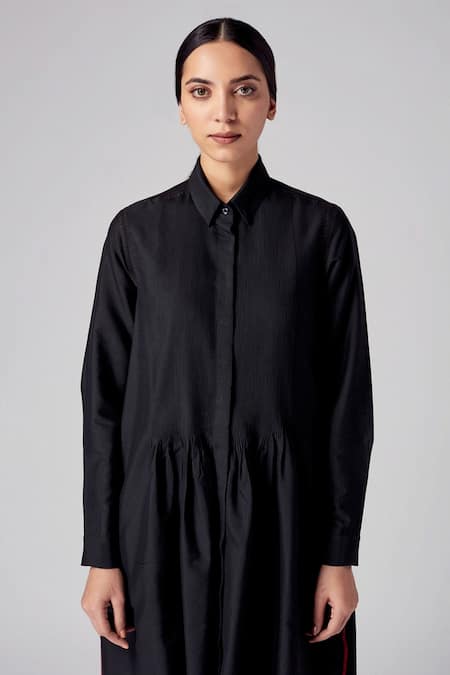 Shop_Rajesh Pratap Singh_Black Viscose Kataan Shirt Collar Vira Pintuck Dress _Online_at_Aza_Fashions
