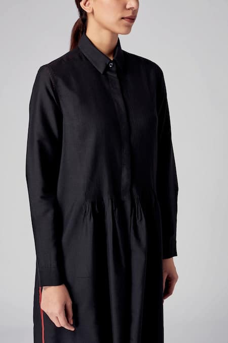 Rajesh Pratap Singh_Black Viscose Kataan Shirt Collar Vira Pintuck Dress _at_Aza_Fashions