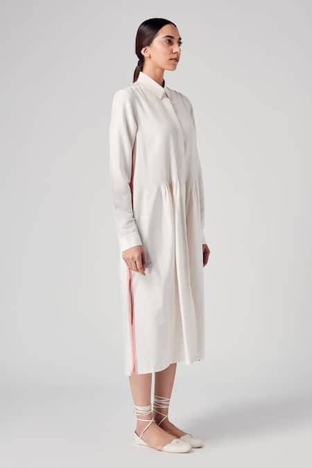 Rajesh Pratap Singh_Beige Viscose Kataan Shirt Collar Vira Pintuck Dress _Online_at_Aza_Fashions