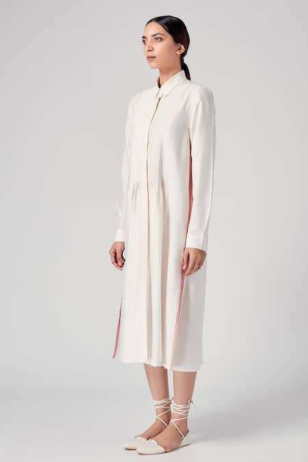 Buy_Rajesh Pratap Singh_Beige Viscose Kataan Shirt Collar Vira Pintuck Dress _Online_at_Aza_Fashions