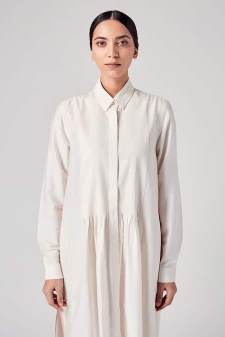 Shop_Rajesh Pratap Singh_Beige Viscose Kataan Shirt Collar Vira Pintuck Dress _Online_at_Aza_Fashions