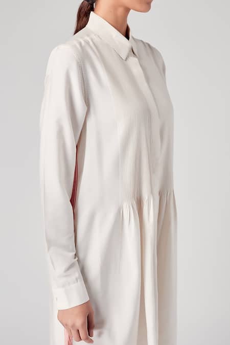 Rajesh Pratap Singh_Beige Viscose Kataan Shirt Collar Vira Pintuck Dress _at_Aza_Fashions