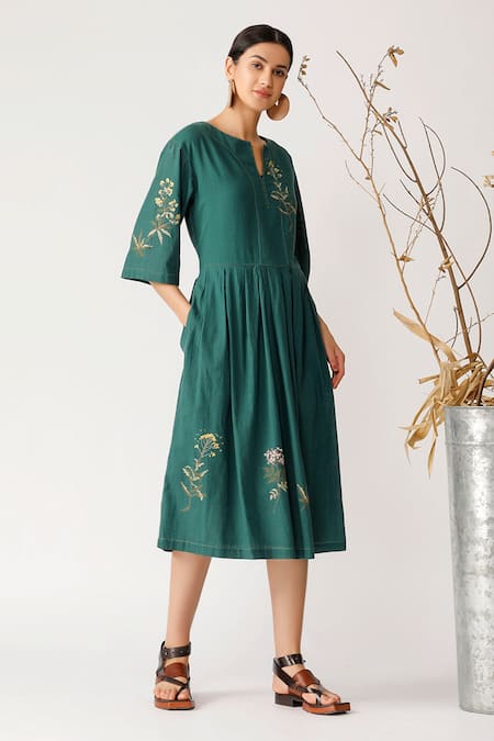 Payal Pratap_Green Cotton Notched Embroidered Dress  _Online_at_Aza_Fashions