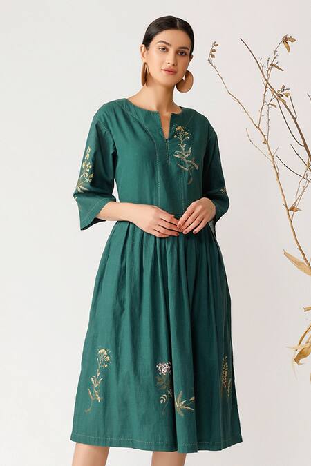 Buy_Payal Pratap_Green Cotton Notched Embroidered Dress  _Online_at_Aza_Fashions
