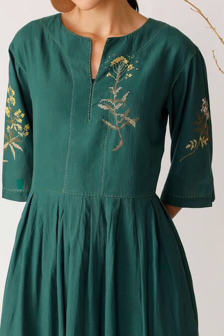 Payal Pratap_Green Cotton Notched Embroidered Dress  _at_Aza_Fashions
