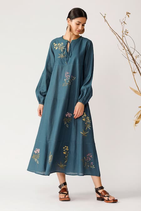 Payal Pratap_Blue Handloom Cotton Tie-up Embroidered Dress _Online_at_Aza_Fashions