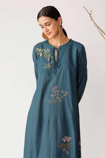 Buy_Payal Pratap_Blue Handloom Cotton Tie-up Embroidered Dress _Online_at_Aza_Fashions