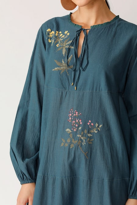 Shop_Payal Pratap_Blue Handloom Cotton Tie-up Embroidered Dress _Online_at_Aza_Fashions