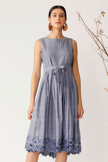 Shop_Payal Pratap_Blue Handloom Cotton Round Dress _Online_at_Aza_Fashions