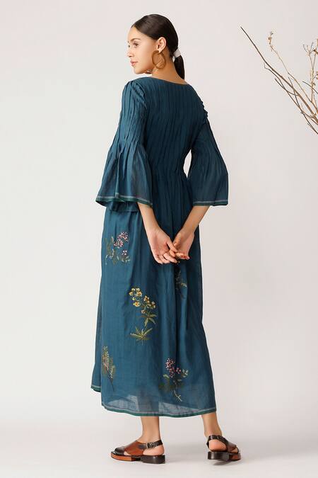 Shop Payal Pratap Blue Handloom Cotton Round Embroidered Dress at Aza Fashions Shop_Payal Pratap_Blue Handloom Cotton Round Embroidered Dress _at_Aza_Fashions