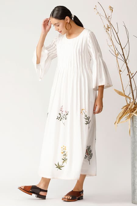 Payal Pratap_Beige Handloom Cotton Round Embroidered Dress _Online_at_Aza_Fashions