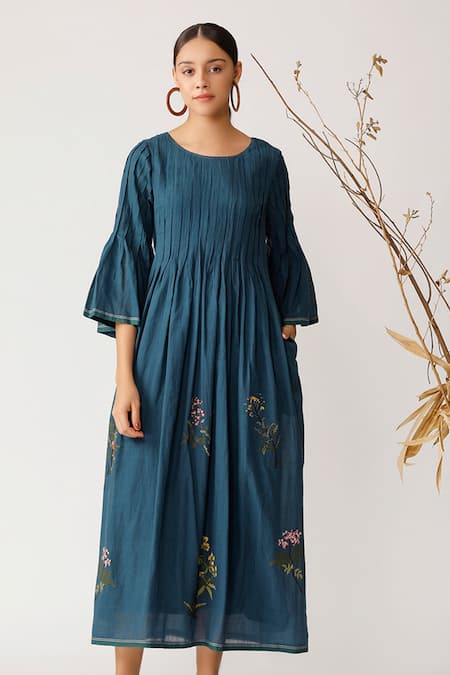 Payal Pratap Blue Handloom Cotton Round Embroidered Dress Online at Aza Fashions Payal Pratap_Blue Handloom Cotton Round Embroidered Dress _Online_at_Aza_Fashions