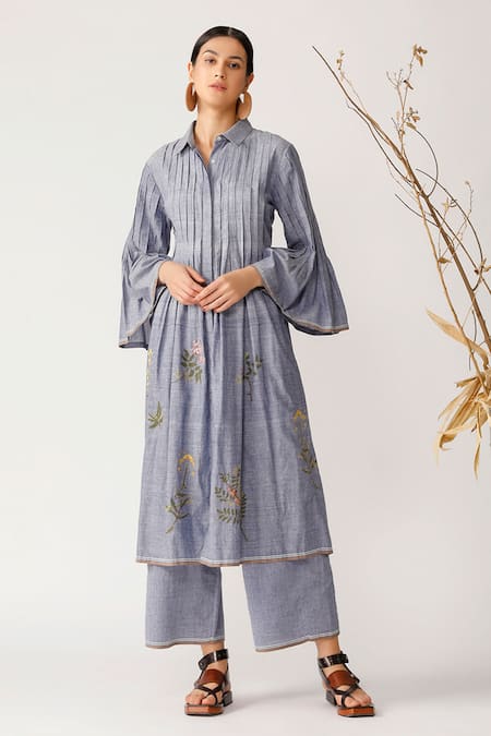 Payal Pratap Blue Handloom Cotton Shirt Collar Embroidered Tunic Online at Aza Fashions Payal Pratap_Blue Handloom Cotton Shirt Collar Embroidered Tunic _Online_at_Aza_Fashions