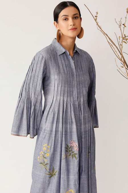 Buy Payal Pratap Blue Handloom Cotton Shirt Collar Embroidered Tunic Online at Aza Fashions Buy_Payal Pratap_Blue Handloom Cotton Shirt Collar Embroidered Tunic _Online_at_Aza_Fashions