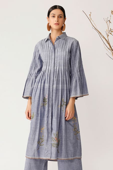 Shop Payal Pratap Blue Handloom Cotton Shirt Collar Embroidered Tunic Online at Aza Fashions Shop_Payal Pratap_Blue Handloom Cotton Shirt Collar Embroidered Tunic _Online_at_Aza_Fashions