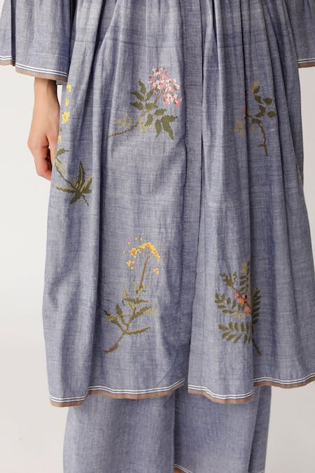 Payal Pratap Blue Handloom Cotton Shirt Collar Embroidered Tunic at Aza Fashions Payal Pratap_Blue Handloom Cotton Shirt Collar Embroidered Tunic _at_Aza_Fashions