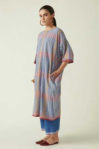 Payal Pratap_Blue Cotton Handloom Round Pesser Checkered Tunic _Online_at_Aza_Fashions